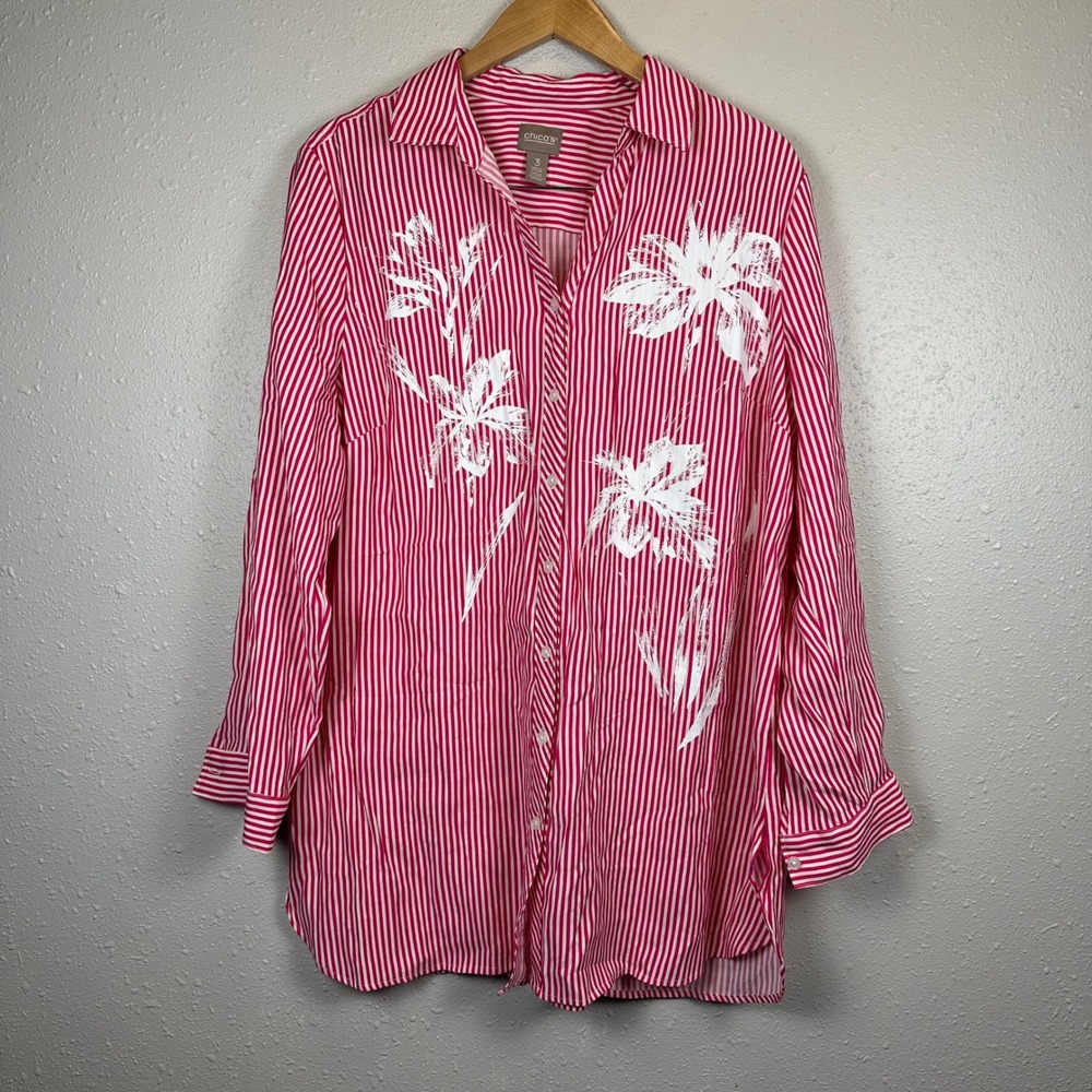 Chicos Sz XL Longline Tunic Top Pink Stripes Floral Print Boho Lagenlook Collar